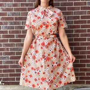 Vintage retro 60s/70s belted floral tie neck fit flare dress small medium